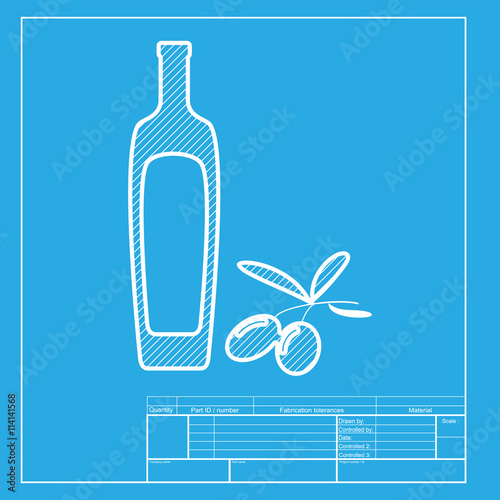 Black olives branch with olive oil bottle sign. White section of icon on blueprint template.