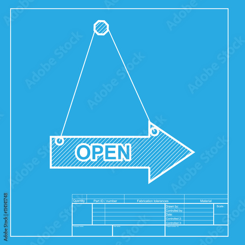 Open sign illustration. White section of icon on blueprint template.