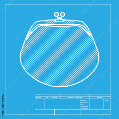Purse sign illustration. White section of icon on blueprint template.
