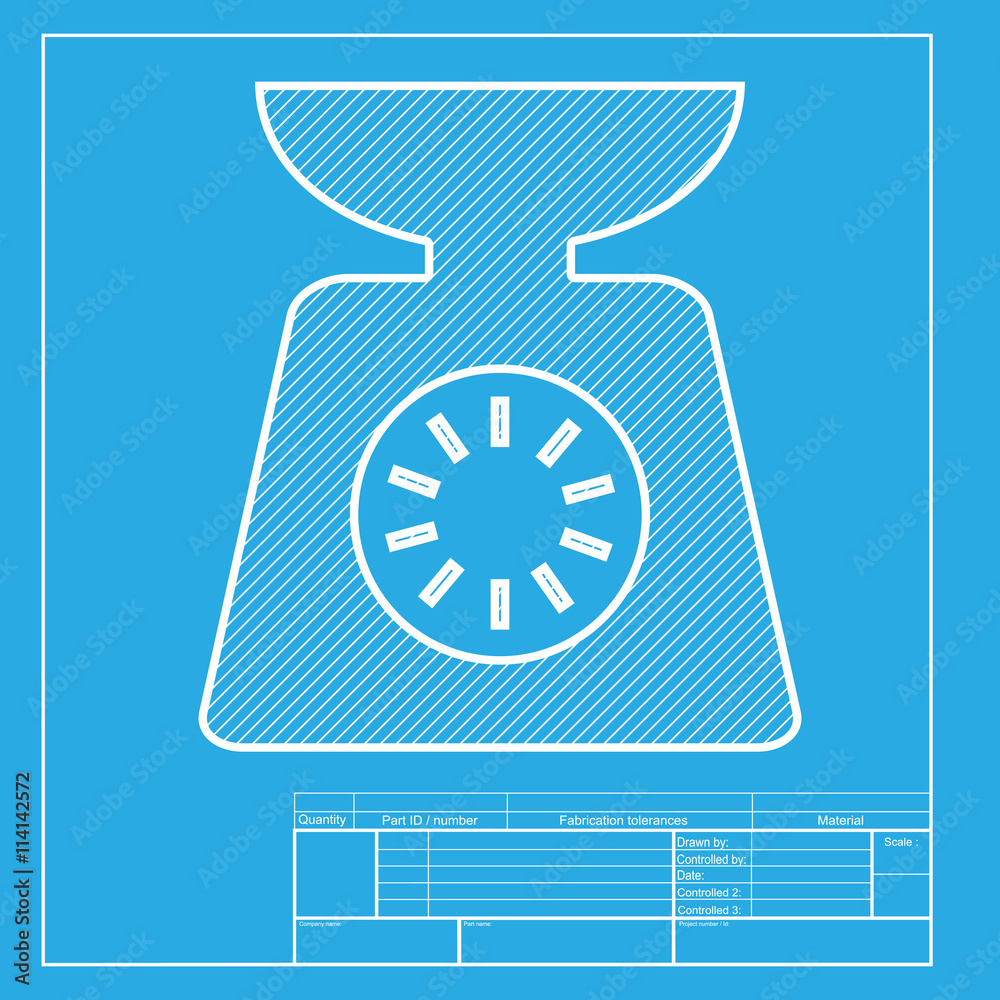 Kitchen scales sign. White section of icon on blueprint template. Kitchen scales sign. White section of icon on blueprint template.