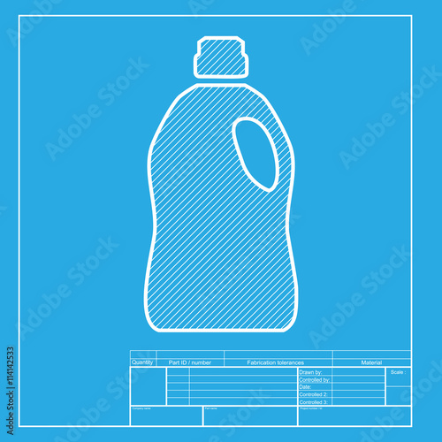 Plastic bottle for cleaning. White section of icon on blueprint template.