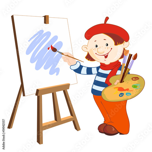 Young artist who paints with brush painting on easel