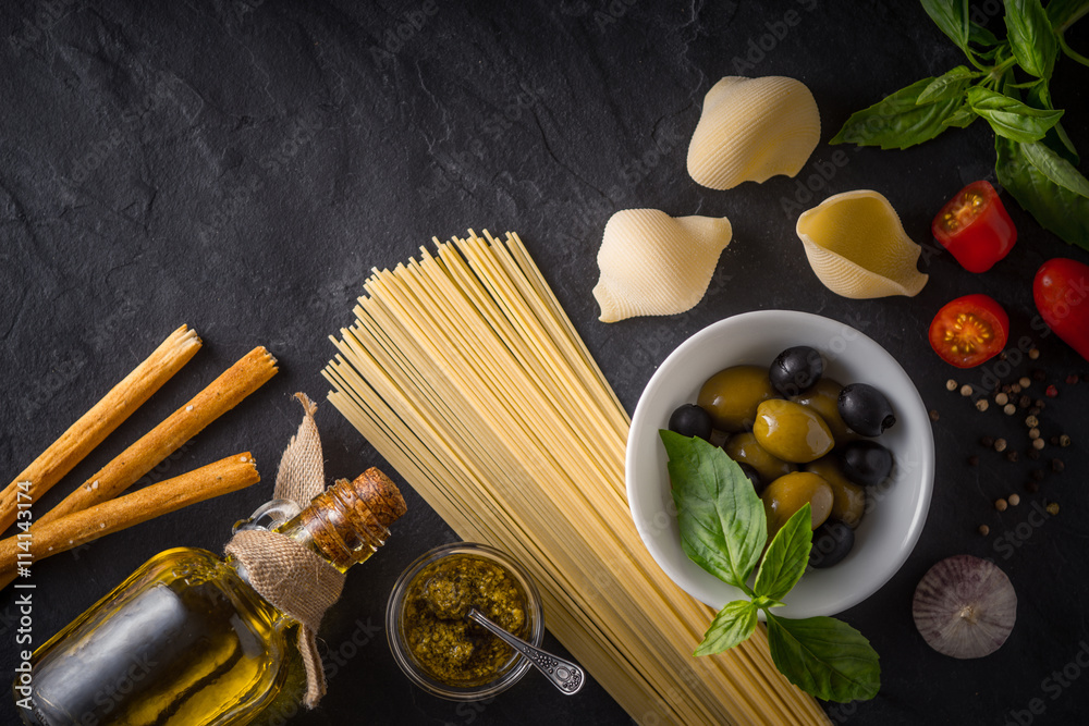 Φωτογραφία Set of Italian food on the black stone table top view