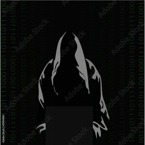 vector_hooded hacker on binary code background