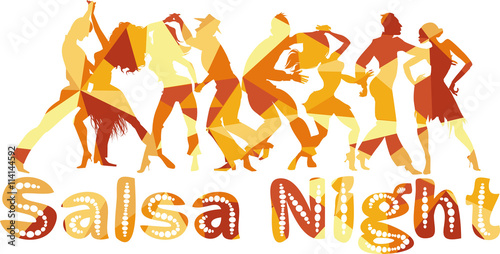 Salsa nigh polygonal vector silhouette illustration with dancing couples, EPS 8