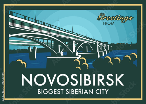 Vintage touristic greeting card - Novosibirsk, Russia. Shows old bridge across Ob river and the world longest metro bridge in the background. Vector with layers.