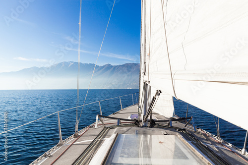 Sailing boat in sunny day in the lake, empty space. Copy space, copyspace