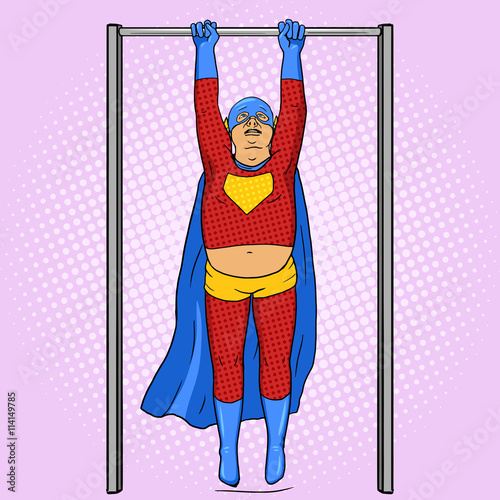 Fat superhero on horizontal bar comic vector