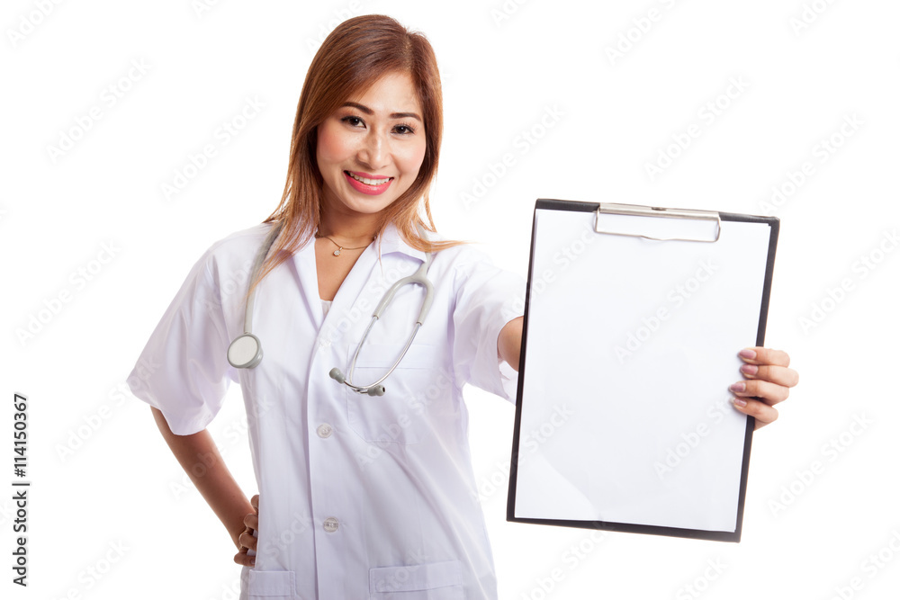 Young Asian female doctor show a blank clipboard Young Asian female doctor show a blank clipboard