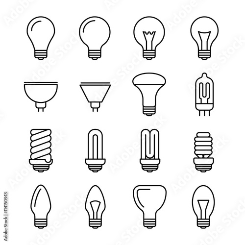 Light bulb outline vector icons. Energy and power lightbulb illustration. Fluorescent and halogen lightbulb lamp