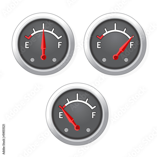 Vector illustration of circular fuel gauge icon set.
Petrol Gauge Icons and fuel measuring amount.
