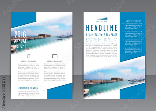 Vector design of the blue and white annual report with beautiful sea landscape. Vector template of flyer for your business in A4 size. Corporate style of presentation.
