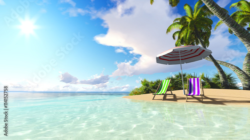 Fototapeta Naklejka Na Ścianę i Meble -  beach and palms blue sky clouds 3D rendering