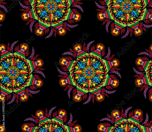 Colorful mandala circular decorative ornament with flowers and leaves in ethnic style, a kaleidoscope or mosaic, arabesque and stained glass seamless print pattern vector illustration