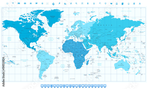 World map with different colored continents in colors of blue