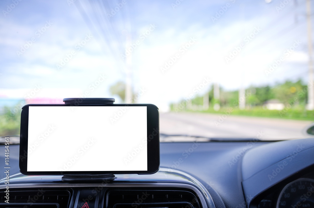 Blank mobile smart phone selective focus on road background shal Blank mobile smart phone selective focus on road background shal