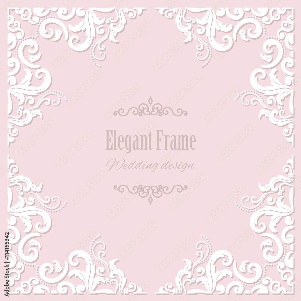 Filigree square frame on pastel pink. For wedding or scrapbook design. 