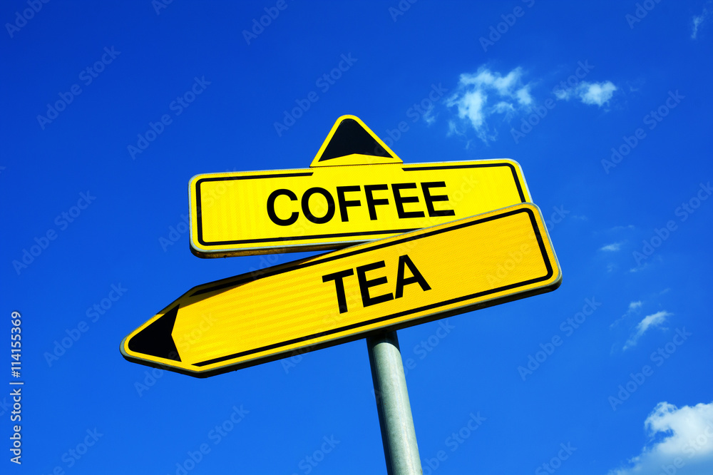Coffee or Tea - Traffic sign with two options - popularity of drinks and beverage based on health benefits, taste, amount of caffeine Coffee or Tea - Traffic sign with two options - popularity of drinks and beverage based on health benefits, taste, amount of caffeine