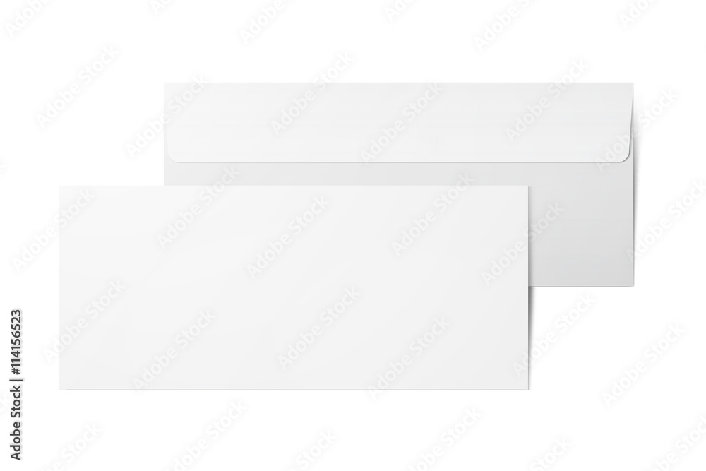 Blank white paper envelopes. template. Two envelopes on white background. Back and front. Isolated with clipping path. Blank white paper envelopes. template. Two envelopes on white background. Back and front. Isolated with clipping path.
