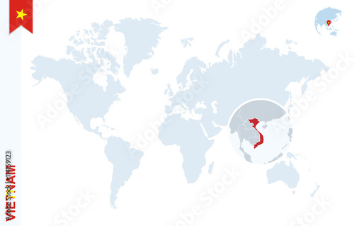 Blue world map with magnifying on Vietnam.