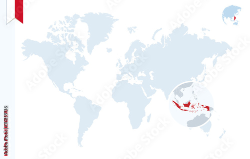 Blue world map with magnifying on Indonesia.