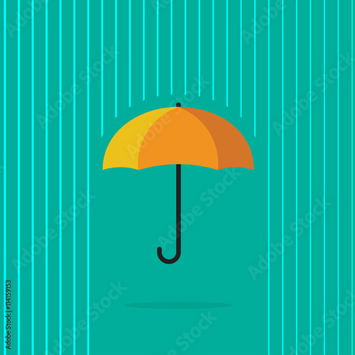 Orange umbrella in abstract line rain vector illustration on blue background, concept of protection