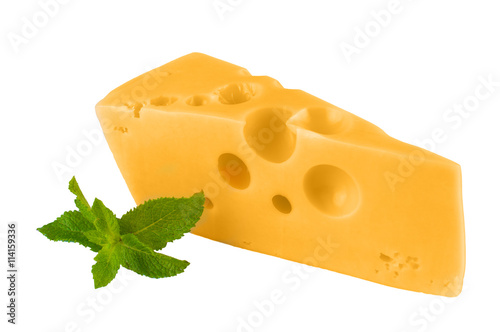 Piece of cheese and mint leaves isolated on white background