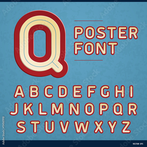 Sticker alphabet in yellow with red outline with blue background. Cartoon and comic imitation font. Best used for educational purpose, posters and advertisement. Sample of vector illustration.