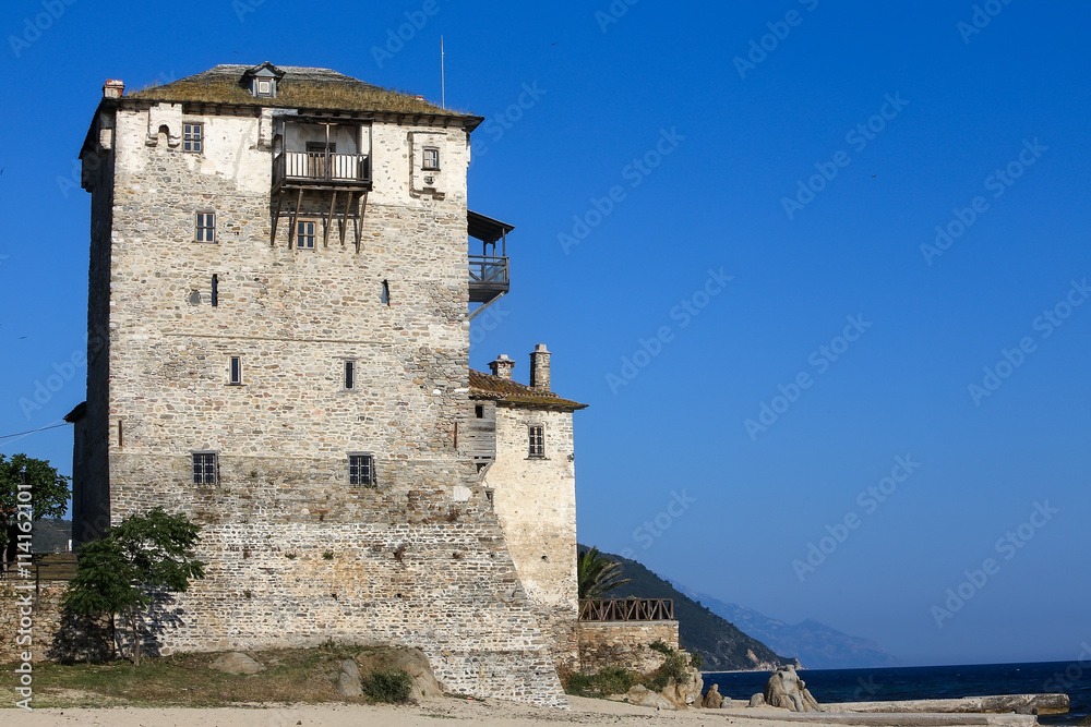 Ancient Ouranoupolis Tower on Athos peninsula in Halkidiki, Gree
