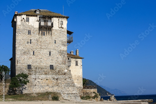 Ancient Ouranoupolis Tower on Athos peninsula in Halkidiki, Gree