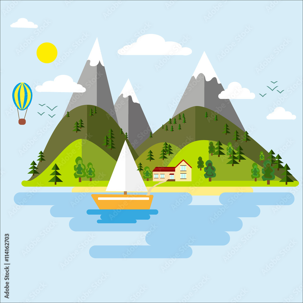 Vector mountains green valley, boat, lake nandscape background.