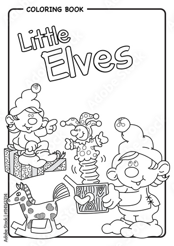 Santa's helpers play with jack in the box - Little Elves - Coloring draw. Vector image