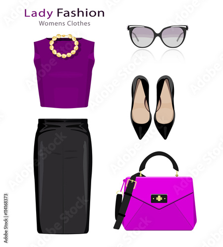 Flat design concept of fashion look. Woman clothing set with accessories. Colorful trendy clothes objects 