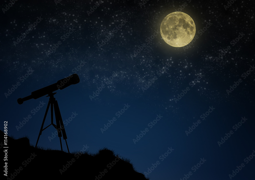 The telescope stands on a hill on a background of the night sky with a full moon