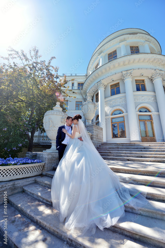 Wedding couple on the nature is hugging each other. Beautiful model girl in white dress. Man in suit. Beauty bride with groom. Female and male portrait. Woman with lace veil. Lady and guy outdoors Wedding couple on the nature is hugging each other. Beautiful model girl in white dress. Man in suit. Beauty bride with groom. Female and male portrait. Woman with lace veil. Lady and guy outdoors