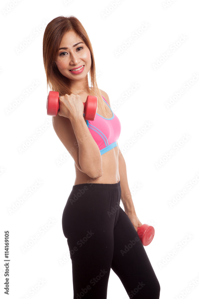 Beautiful Asian healthy girl exercise with dumbbell