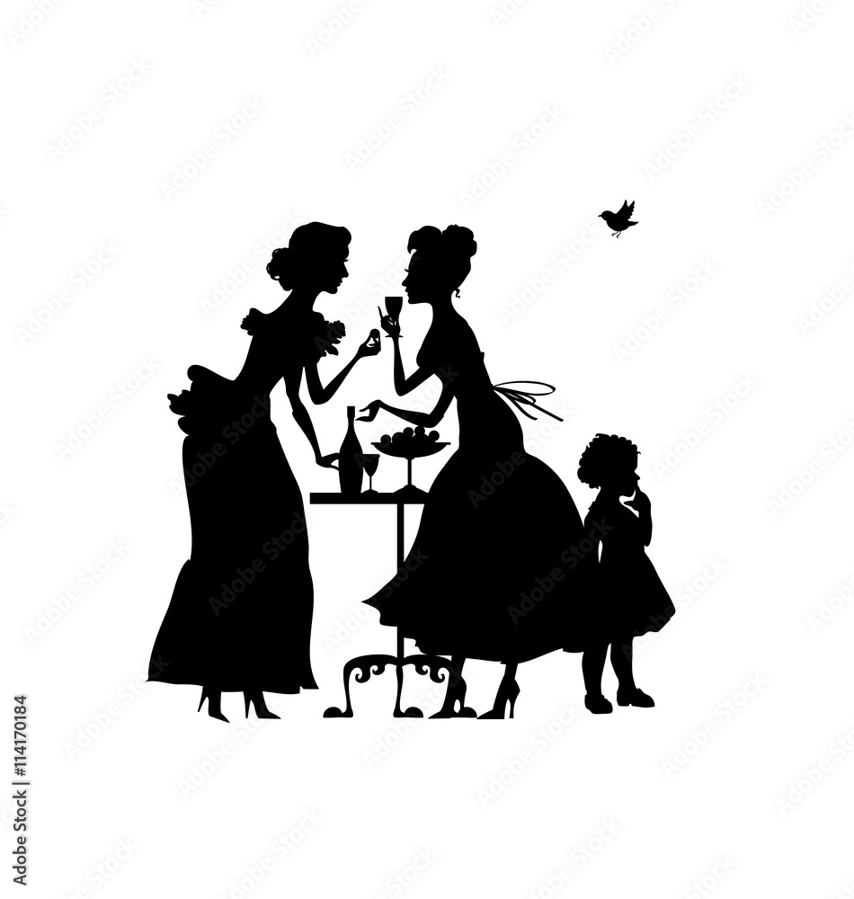 two woman and girl silhouette. vector illustration of elegant pa