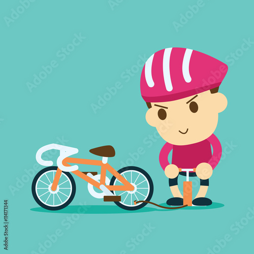 cyclist pumping air to tire of a bicycle.cyclist repairs bike.