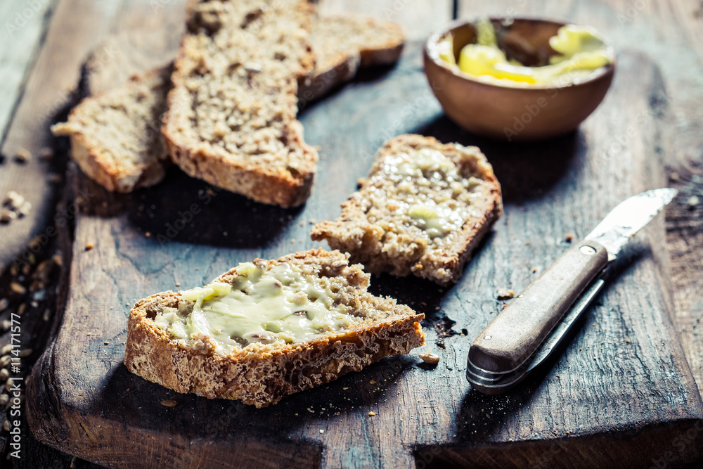 Slice of bread with butter for breakfast Slice of bread with butter for breakfast