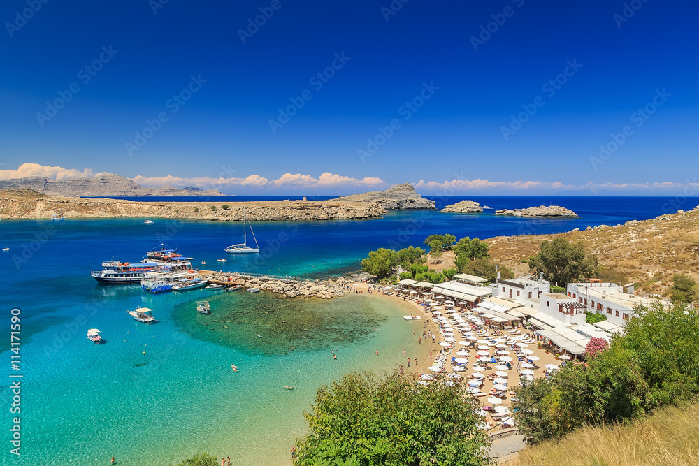 Lindos beautiful bay view from above sunny bright day Rhodes Greece