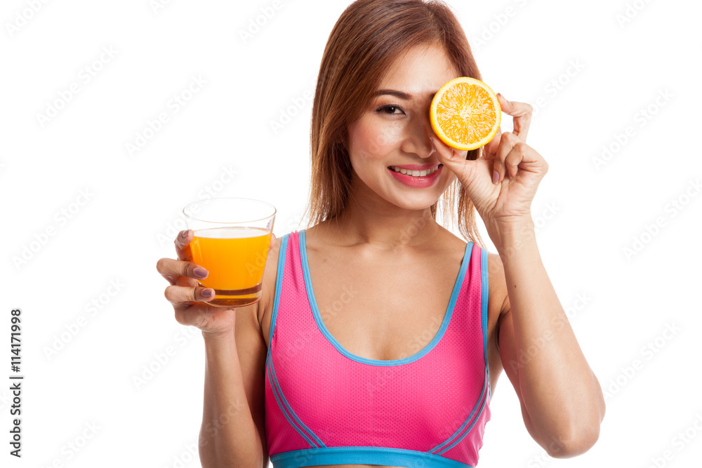 Beautiful Asian healthy girl with orange juice and orange fruit Beautiful Asian healthy girl with orange juice and orange fruit
