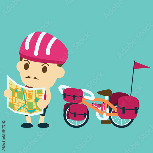 cyclist using a map and a bicycle touring