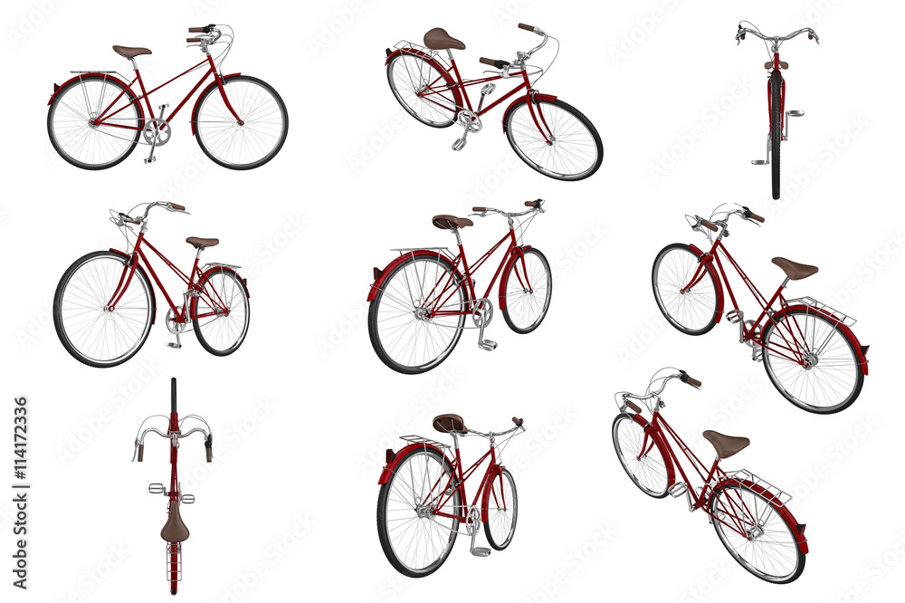 Obraz premium Set classic bikes vinous chrome luggage and leather classic saddle. 3D graphic