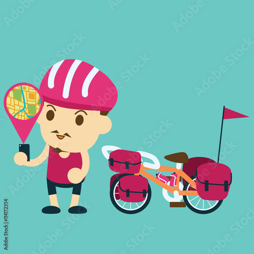 cyclist usin online GPS mobile and a bicycle touring