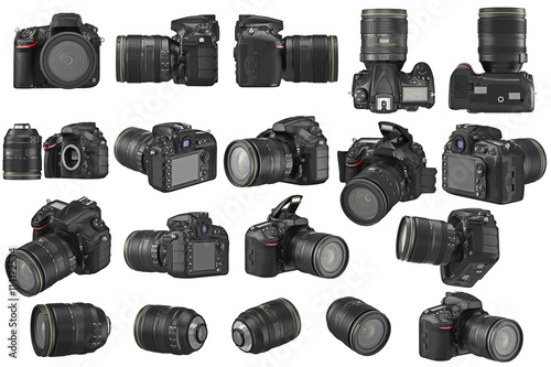 Set digital DSLR photo camera professional. 3D graphic