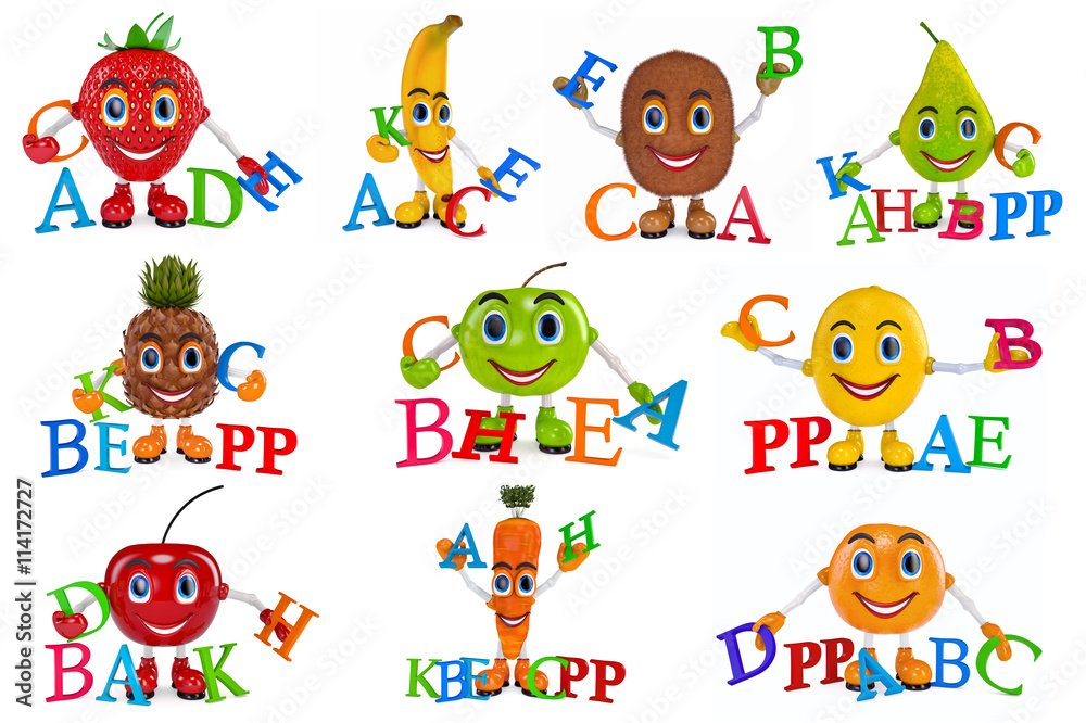 Naklejka premium Set fruit cartoon characters with vitamins. 3D Graphic