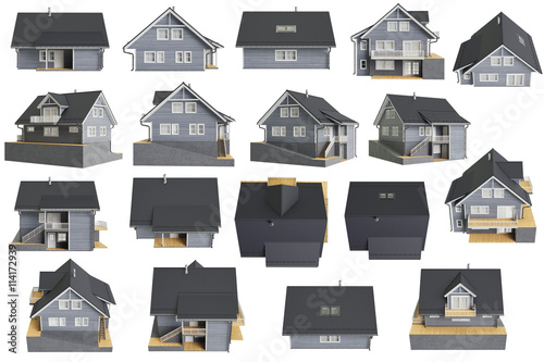 Fotografia, Obraz Set houses cottages wooden facade. 3D graphic