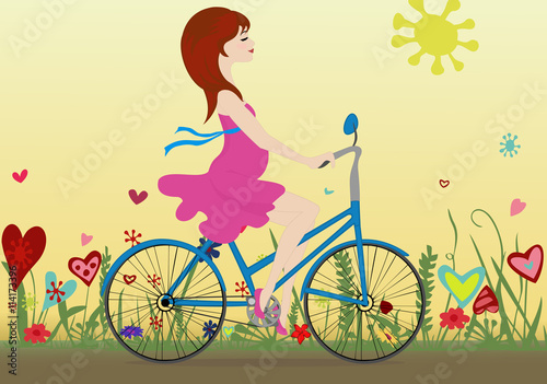 Pregnant girl rides a Bicycle on a blossoming field in the background of the yellow sky. Vector illustration. Horizontal.