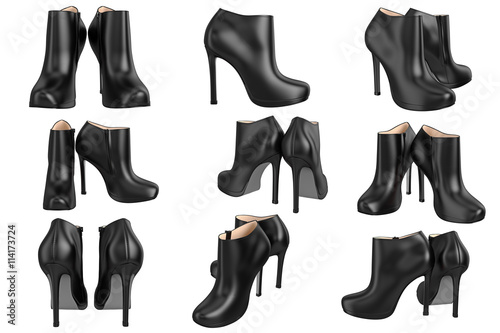 Set shoes black patent leather on high heels. 3D graphic
