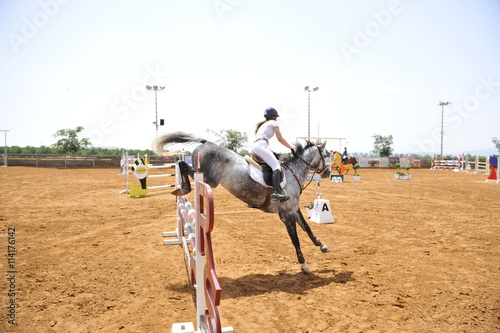 The rider overcomes the obstacle on the horse jumping competition © PROMA